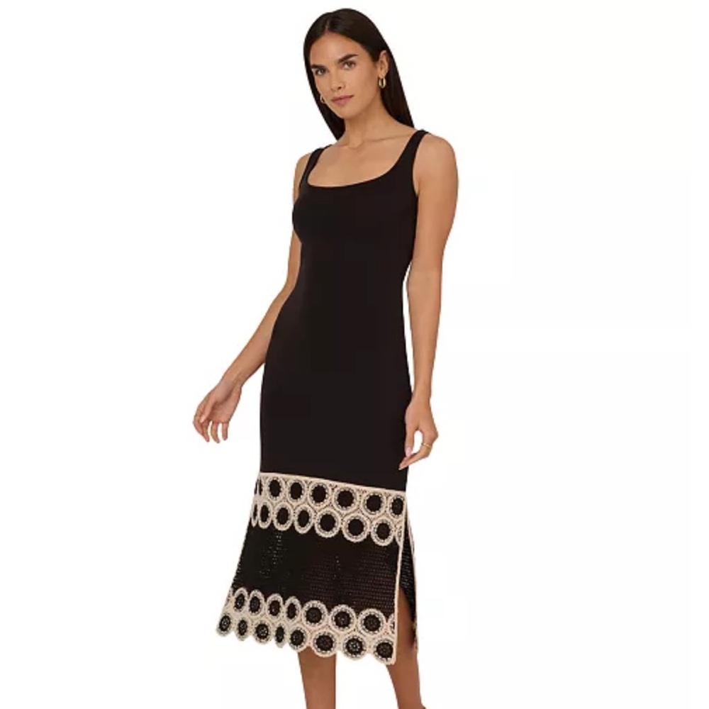 Adrianna Papell Black Dress with White Crochet Accents